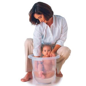 baby bath bucket with mother washing baby