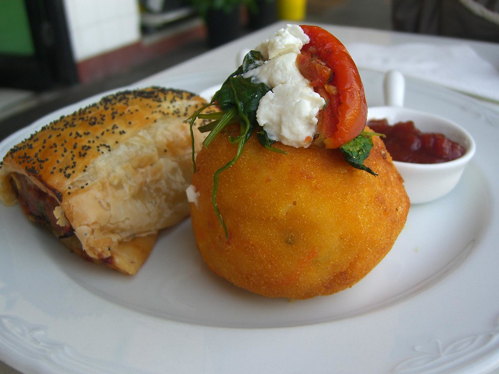 Pumpkin and Blue Cheese Arancini and Sausage Roll