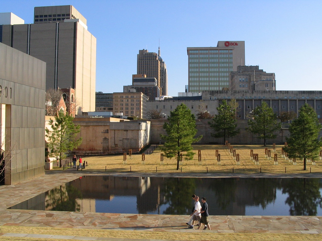 Oklahoma City National Memorial, Oklahoma City, Oklahoma with Downtown Oklahoma City in the Background