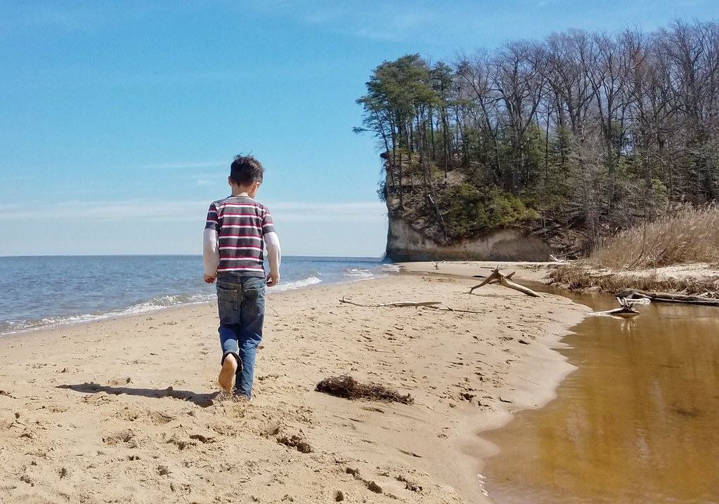 Barefoot boy on beach fossil beach Westmoreland State Park